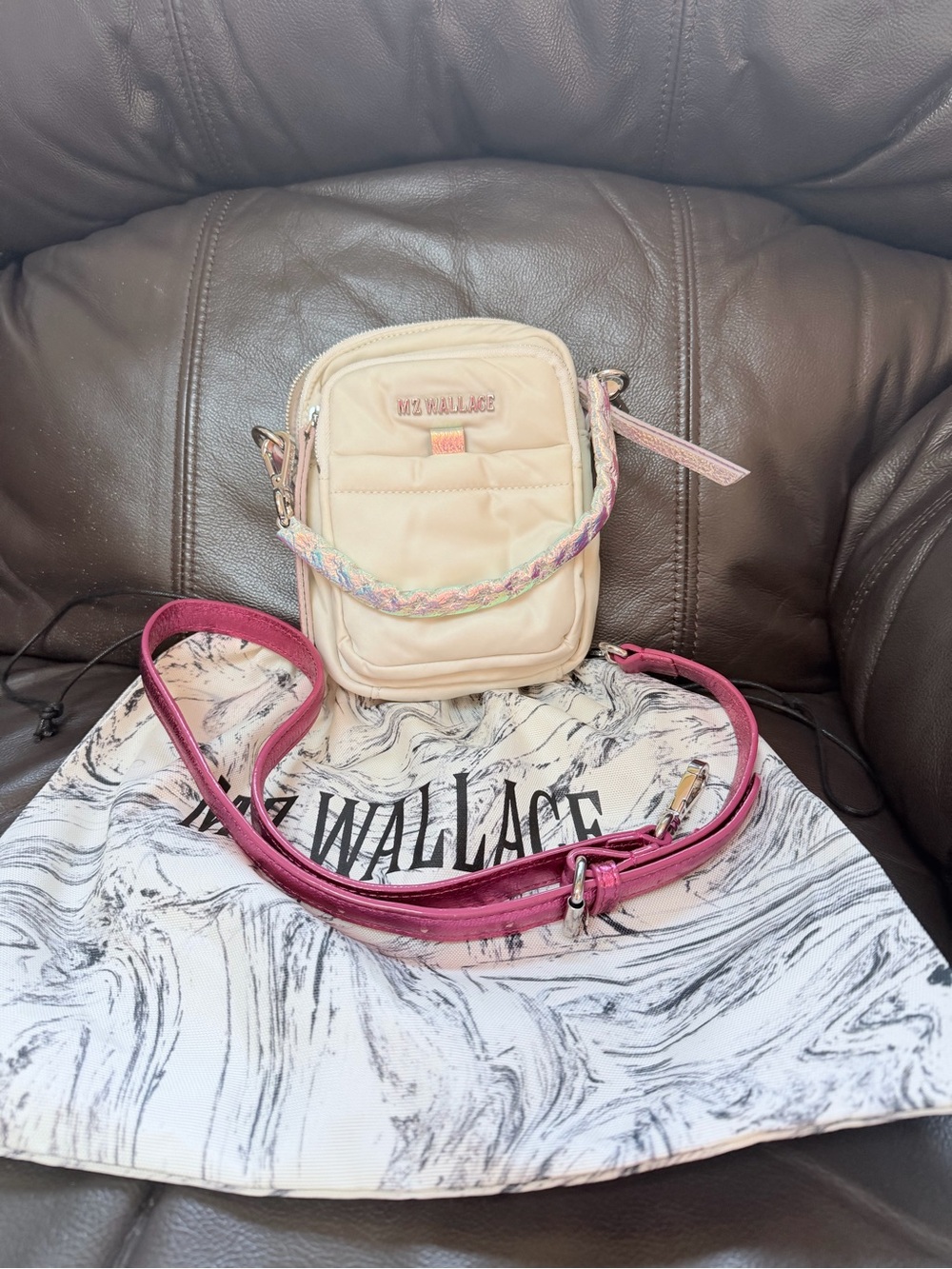 MZ Wallace mini Cream Crossbody with Pink Strap and iridescent  & dust bag